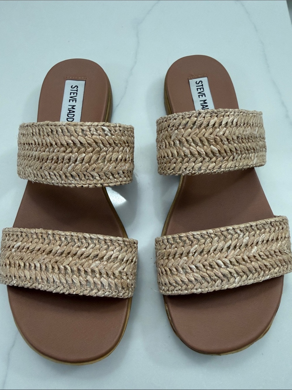 Steve Madden Tan Braided Two-Strap Slide Sandals